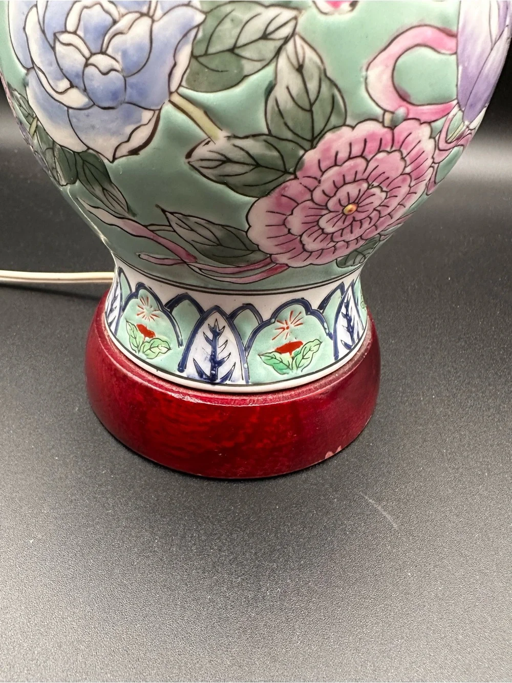 Vintage Chinese Porcelain Ginger Jar Mini Lamp – Celadon Peony Floral, Wood Base